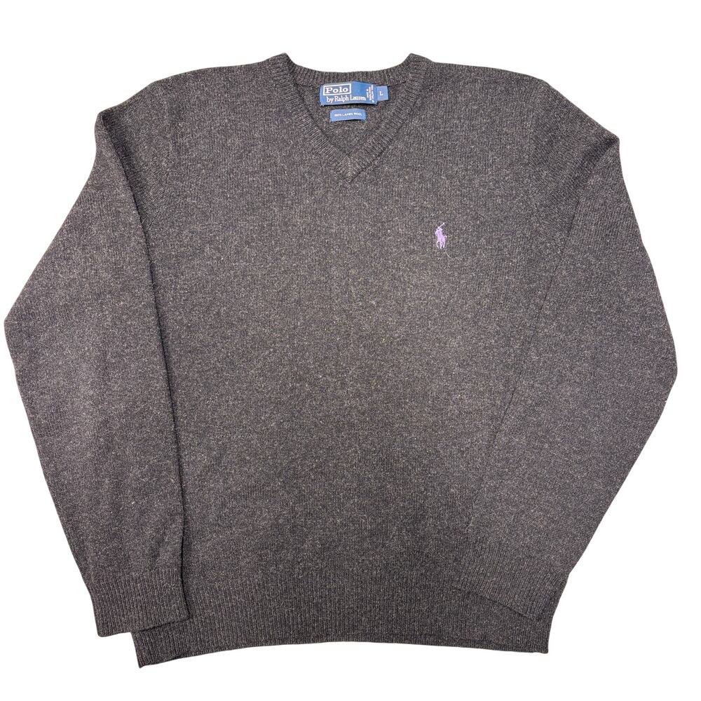 Polo Ralph Lauren Sweater Mens Large Gray Lambswool Italian Yarn V-Neck Knit